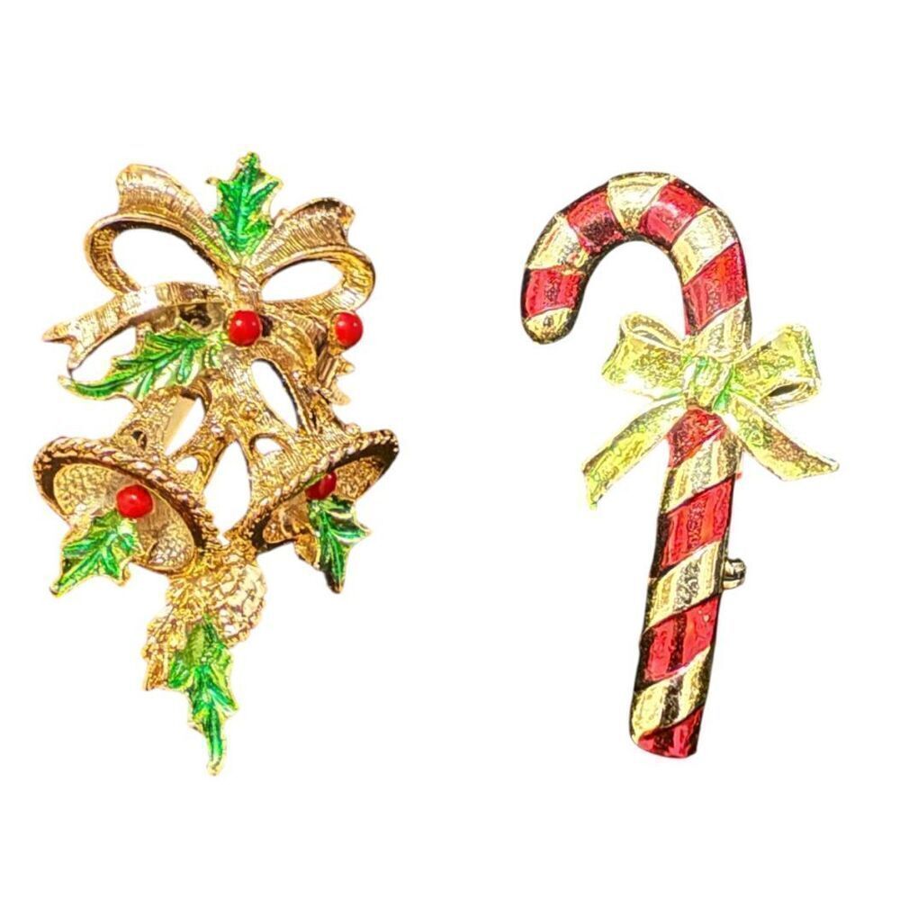 Vintage Holiday Pins by Gerrys Set of 2 Candy Cane Brooch & Bells & Holly Brooch